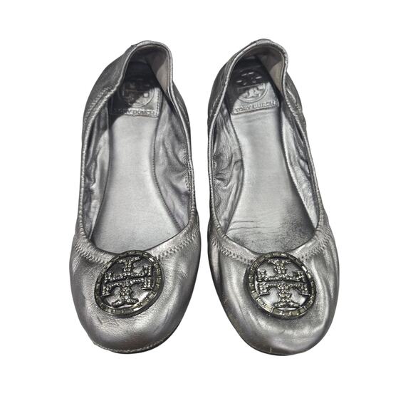 Tory Burch Silver Flats with Jeweled Logo - Picture 2 of 7